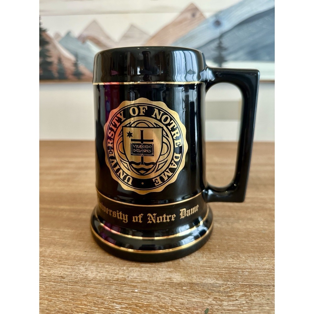 Vintage UNIVERSITY OF NOTRE DAME Ceramic Tankard / Stein Black & Gold